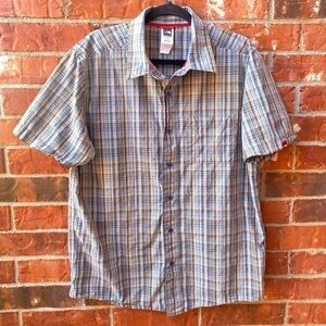 The North Face Mens Large Brown Blue Plaid Collar Button Down Short Sleeve Shirt